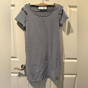 Heyton Blue & White Striped Short Sleeve T-Shirt Dress With Ruffle Accent